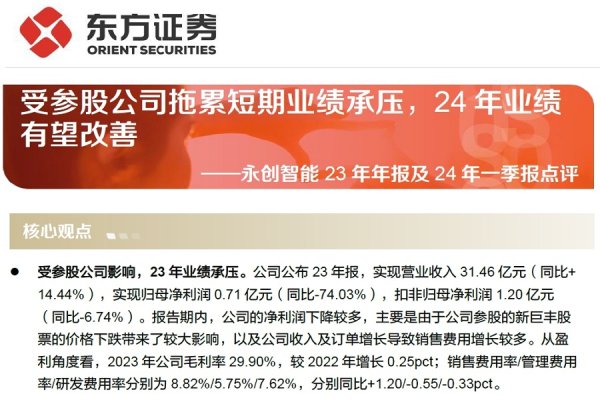 线上杠杆配资股票融资平台 【研报推荐】永创智能2023年年报及2024年一季报点评：受参股公司拖累短期业绩承压 2024年业绩有望改善